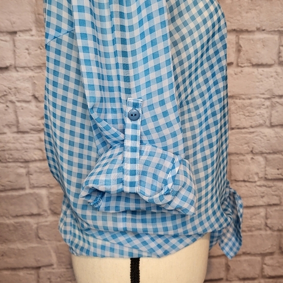 Self Esteem juniors blue white gingham plaid button front tie front top XXL - Picture 9 of 10